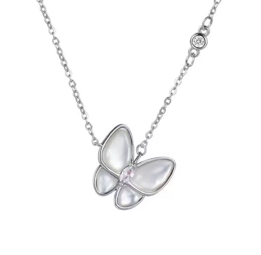White Mother-of-Pearl Butterfly Necklace – Women’s "Insta-Style" Chic, Sophisticated, and Fully Diamond-Encrusted Butterfly Collarbone Chain