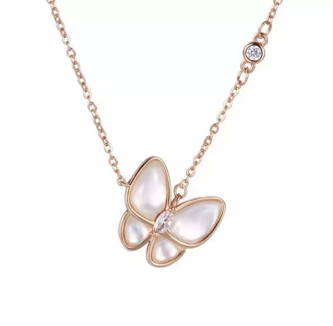 White Mother-of-Pearl Butterfly Necklace – Women’s "Insta-Style" Chic, Sophisticated, and Fully Diamond-Encrusted Butterfly Collarbone Chain